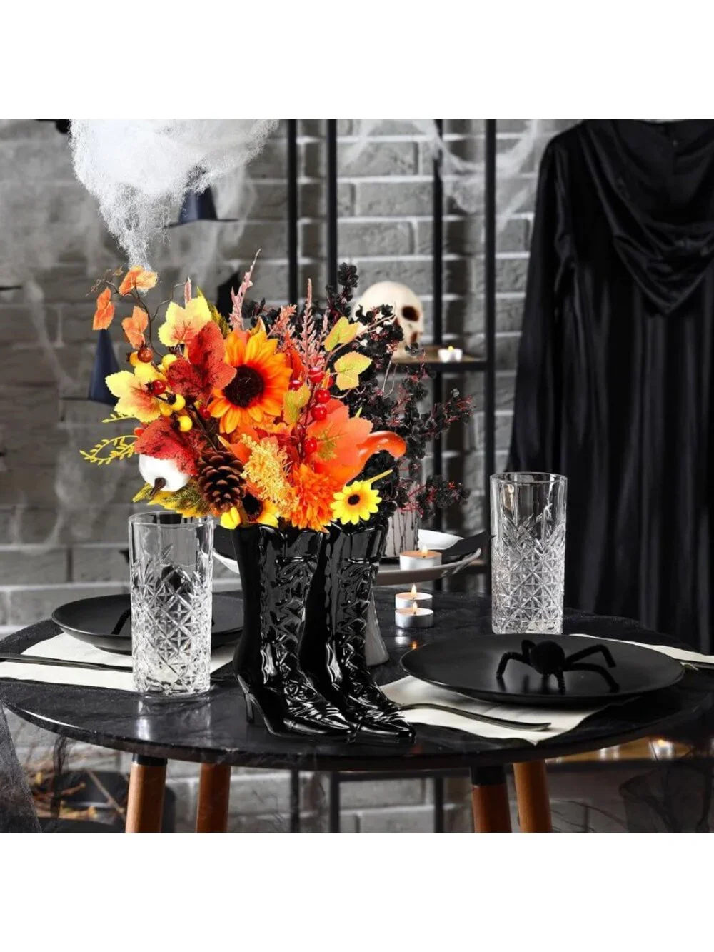 Spooky Gothic Witch Boot Vase - 7.1 Inch Black Ceramic Halloween Decor